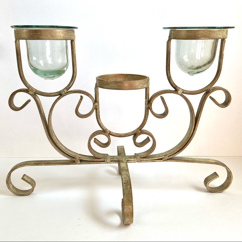 Antiqued Brushed Gold Iron Scroll Candelabra